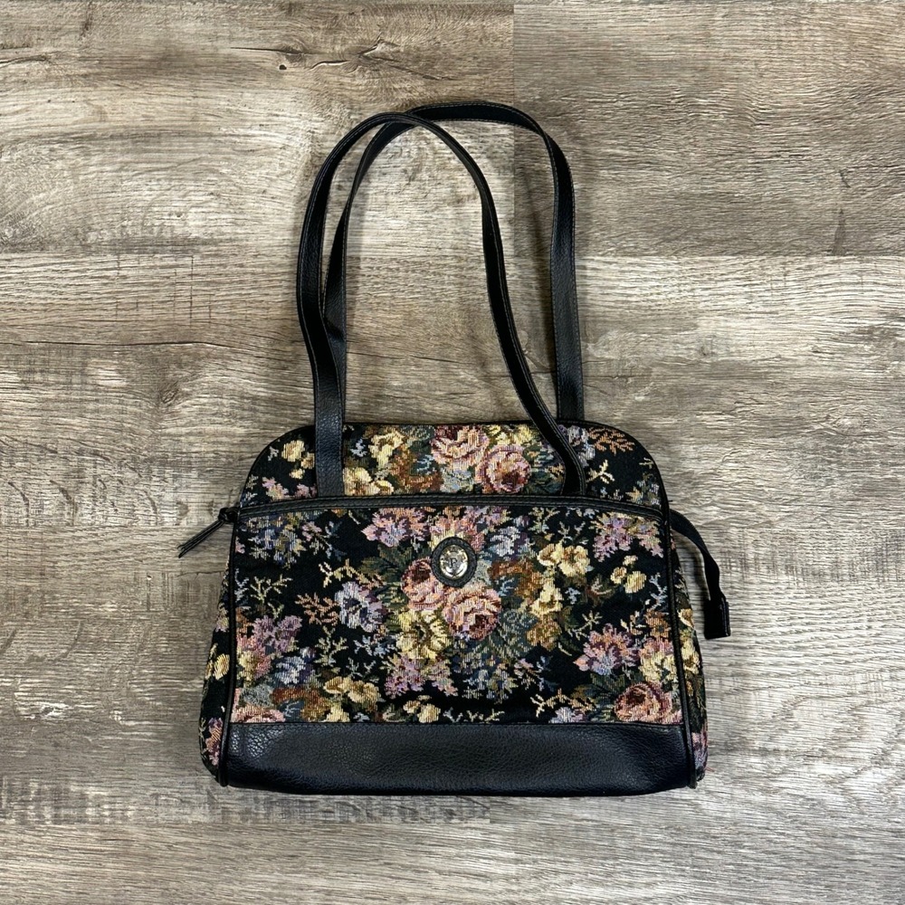 Rivage Vintage Style Floral Tapestry Shoulder Bag Black Faux Leather‎ Trim Rose
